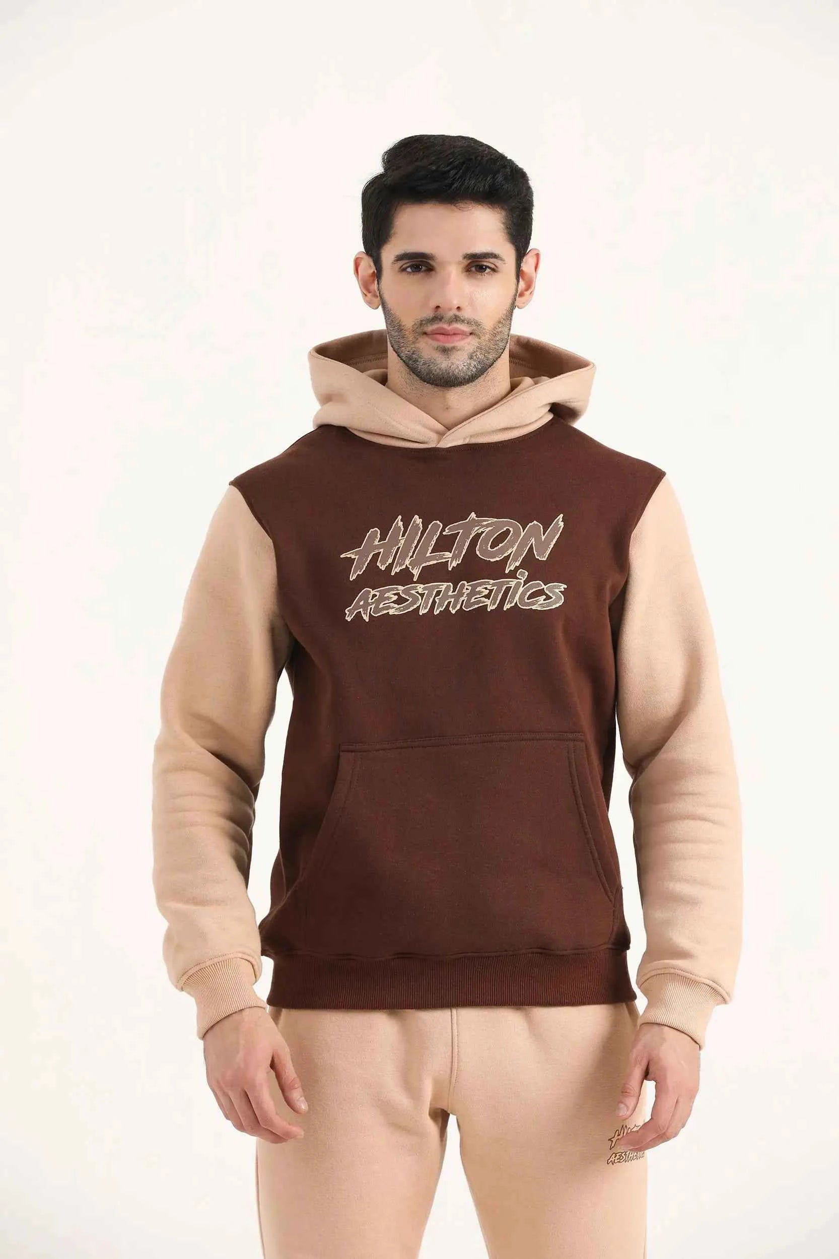 Hilton Aesthetics Signature Two Tone Hoodie front view in brown with premium fabric and relaxed fit