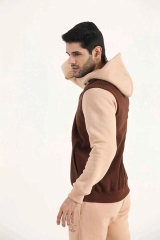 Hilton Aesthetics Signature Two Tone Hoodie side view in brown featuring contrast panels and comfortable fit