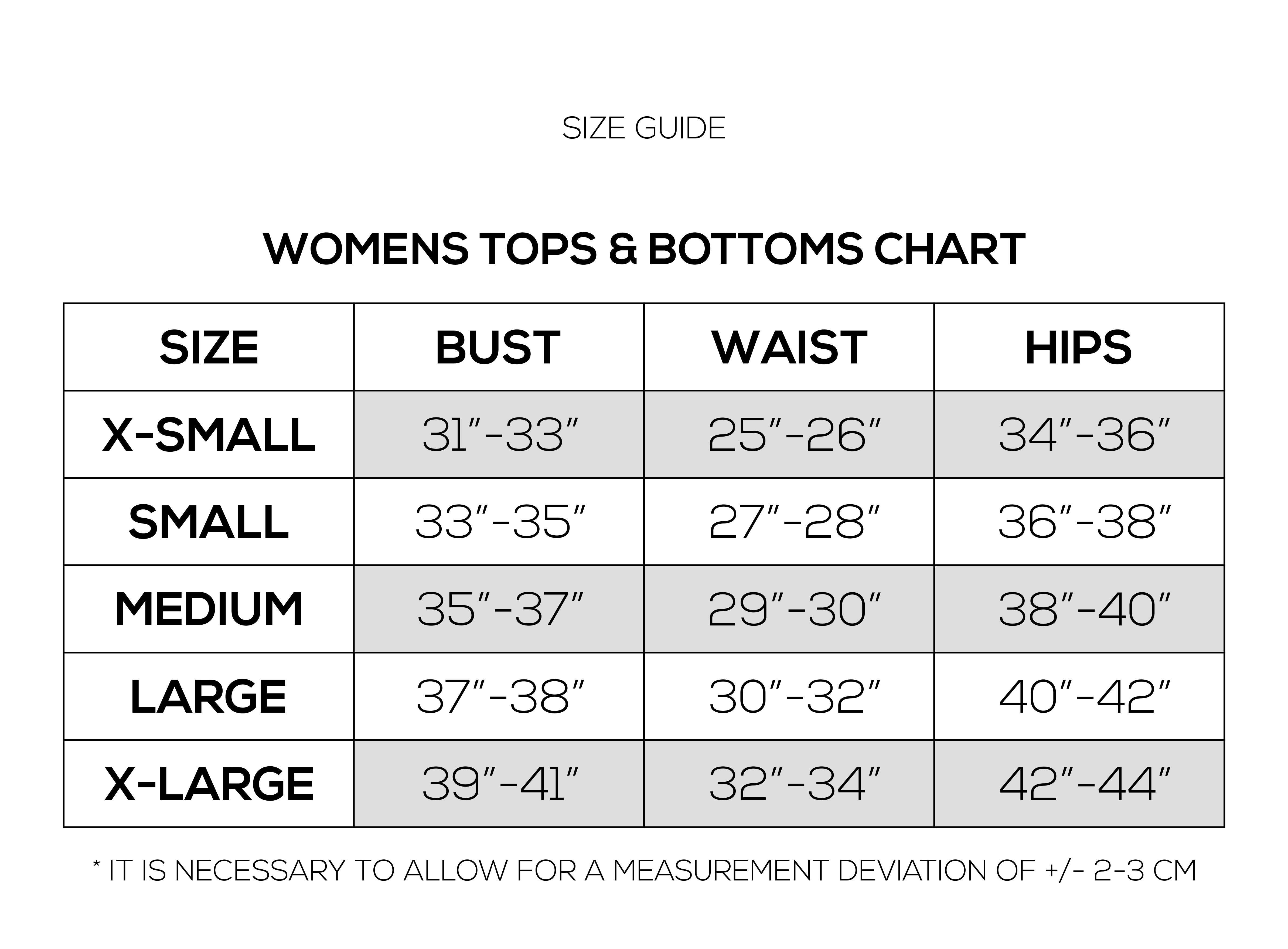 Womens Tops & Bottoms Chart for size guide