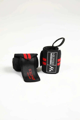 Pair of black and red lifting wrist wraps with adjustable fastening and logoimageBlackafter-discountBlack2Blackafter-discountBlack2